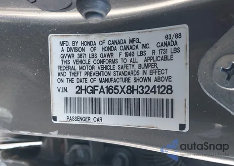 2008 Honda Civic Lx из США, поврежденный, VIN 2HGFA165X8H324128